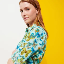 Clearance Vilebrequin Women Cotton Shirt Dress Butterflies Lagoon/Blue