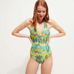 Clearance Vilebrequin Women Halter One-Piece Swimsuit Jungle Rousseau Ginger/Green