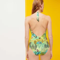 Clearance Vilebrequin Women Halter One-Piece Swimsuit Jungle Rousseau Ginger/Green