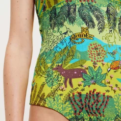 Clearance Vilebrequin Women Halter One-Piece Swimsuit Jungle Rousseau Ginger/Green