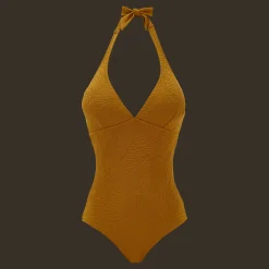 Cheap Vilebrequin Women Halter One-Piece Swimsuit Plumes Jacquard Bark/Beige