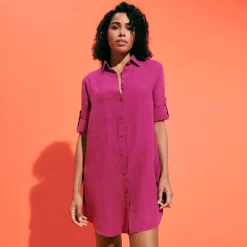 Best Sale Vilebrequin Women Linen Shirt Dress Solid Crimson Purple/Red