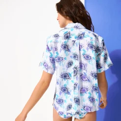 Best Sale Vilebrequin Women Linen Short Sleeves Shirt Flash Flowers Purple Blue/Blue