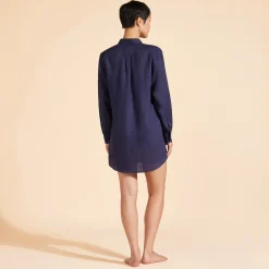 Clearance Vilebrequin Women Long Linen Shirt Solid Navy/Blue