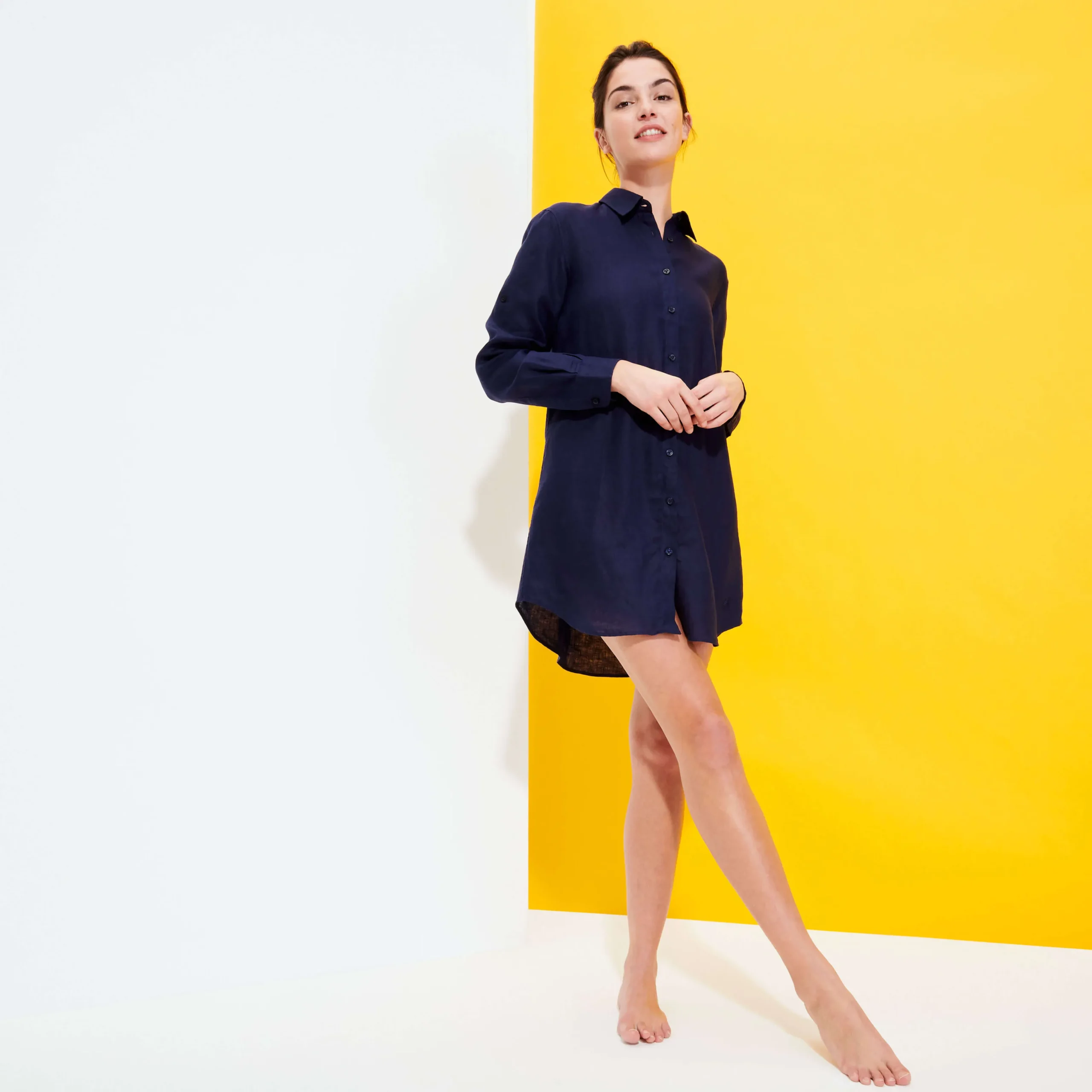 Clearance Vilebrequin Women Long Linen Shirt Solid Navy/Blue