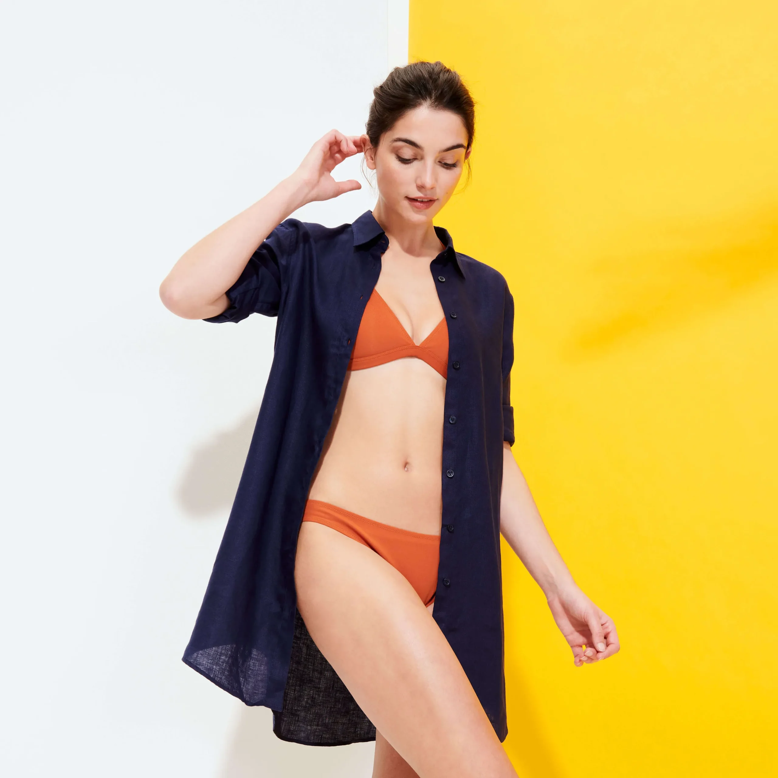 Clearance Vilebrequin Women Long Linen Shirt Solid Navy/Blue