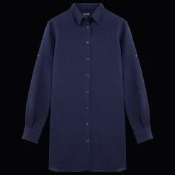 Clearance Vilebrequin Women Long Linen Shirt Solid Navy/Blue