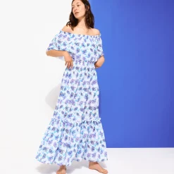 Flash Sale Vilebrequin Women Long Off The Shoulders Cotton Dress Flash Flowers Purple Blue/Blue