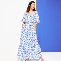 Flash Sale Vilebrequin Women Long Off The Shoulders Cotton Dress Flash Flowers Purple Blue/Blue
