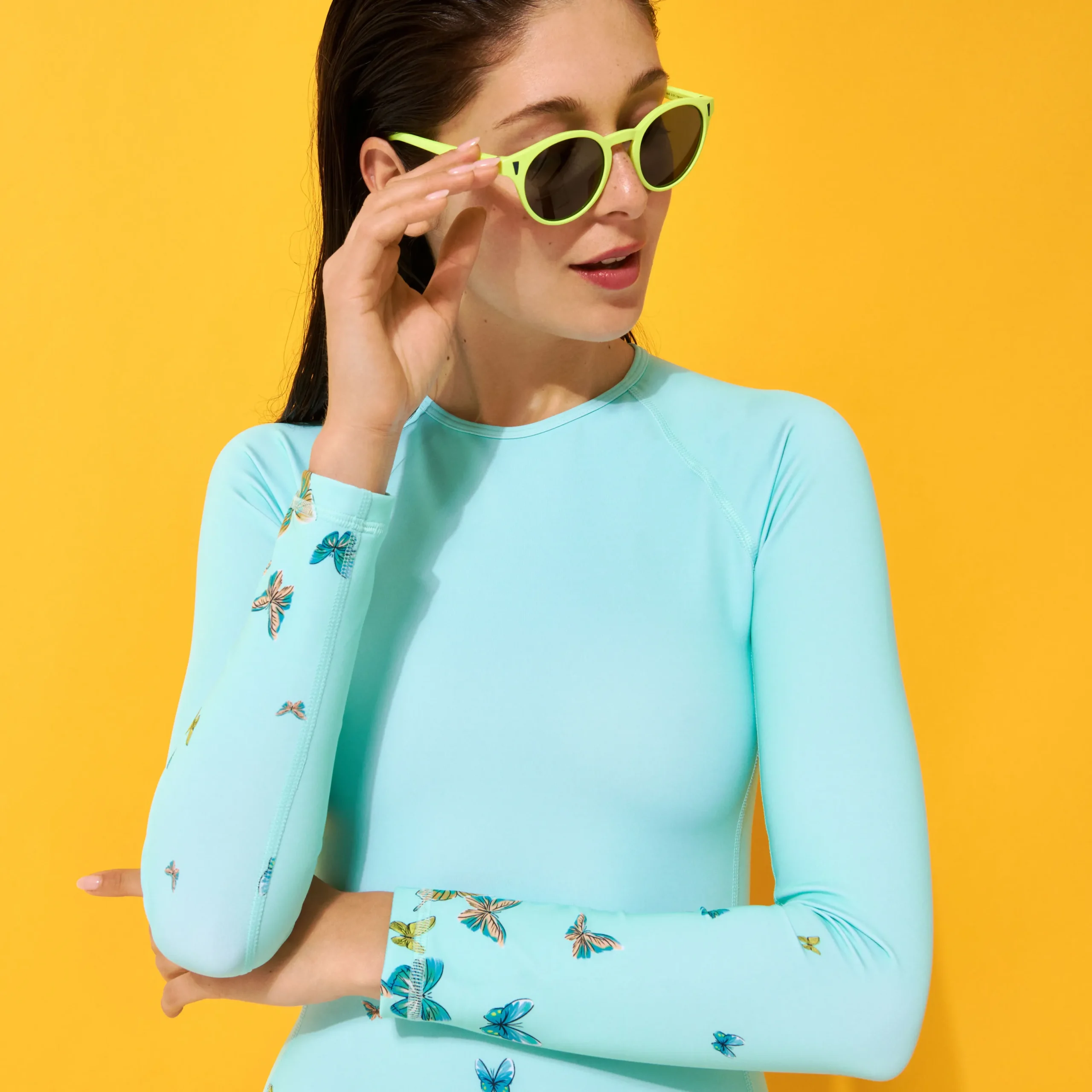 New Vilebrequin Women Long Sleeves One-Piece Rashguard Butterflies Lagoon/Blue