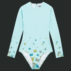 New Vilebrequin Women Long Sleeves One-Piece Rashguard Butterflies Lagoon/Blue