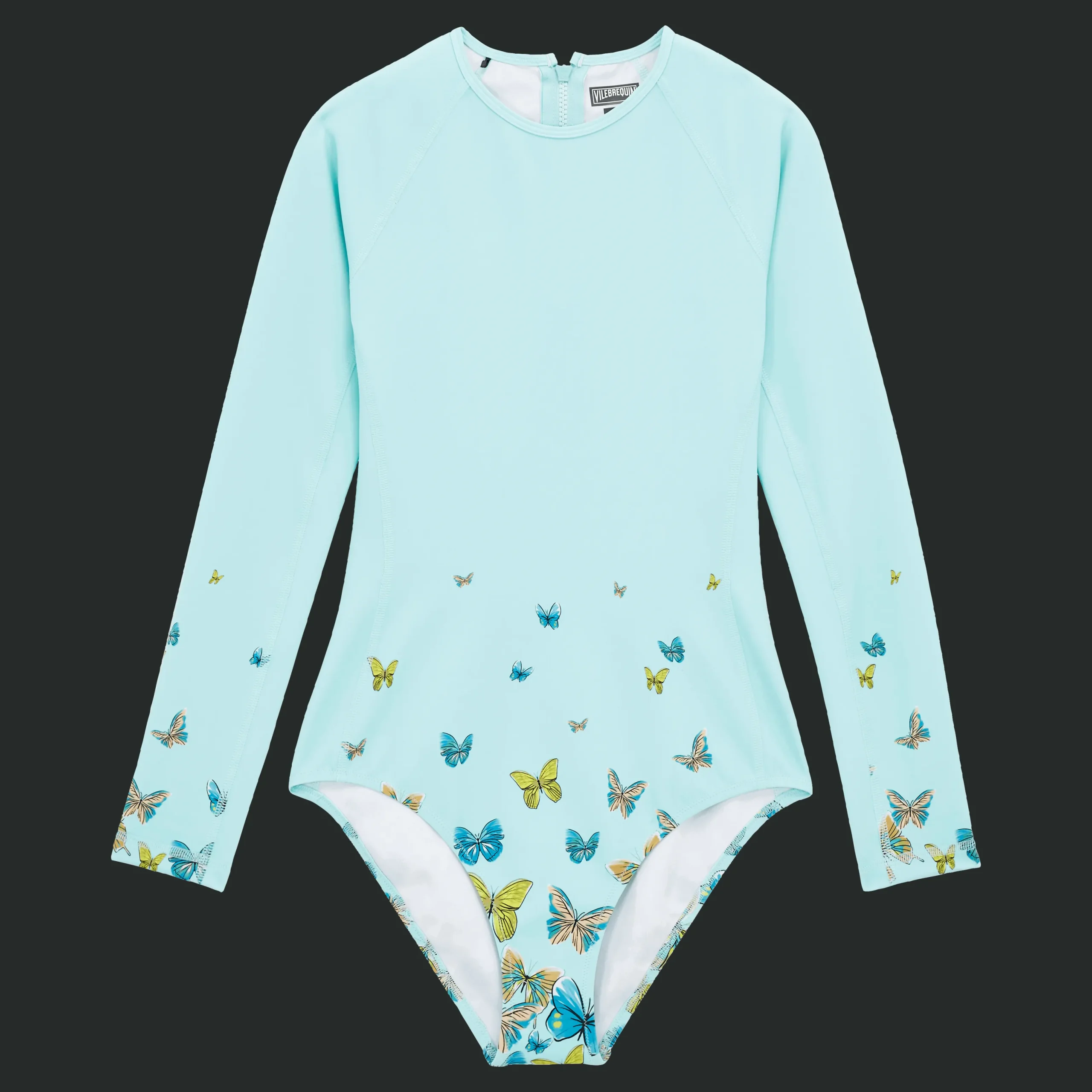 New Vilebrequin Women Long Sleeves One-Piece Rashguard Butterflies Lagoon/Blue
