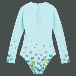 New Vilebrequin Women Long Sleeves One-Piece Rashguard Butterflies Lagoon/Blue
