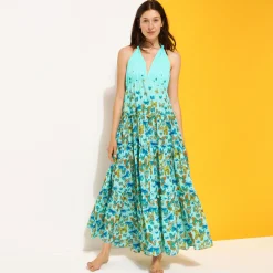 Sale Vilebrequin Women Low Back And Long Cotton Dress Butterflies Lagoon/Blue