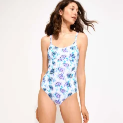 Cheap Vilebrequin Women Round Neckline One-Piece Swimsuit Flash Flowers Purple Blue/Blue