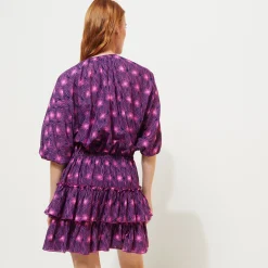 Clearance Vilebrequin Women Short Ruffles And Long Sleeves Cotton Dress Hypno Shell Navy/Blue