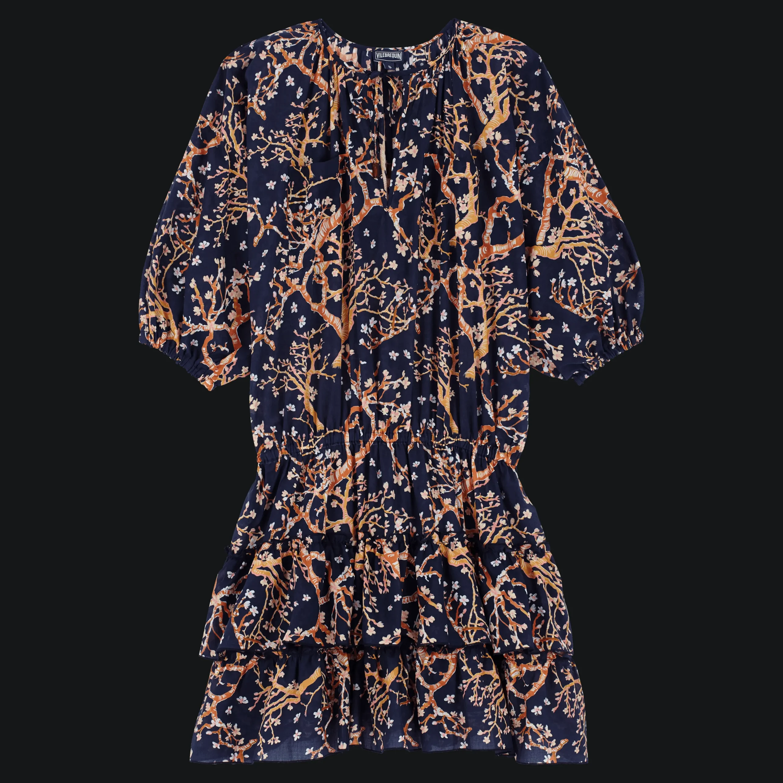 Best Vilebrequin Women Short Ruffles Cotton Dress Sweet Blossom Navy/Blue