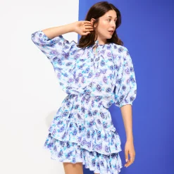 Fashion Vilebrequin Women Short Ruffles Cotton Dress Flash Flowers Purple Blue/Blue