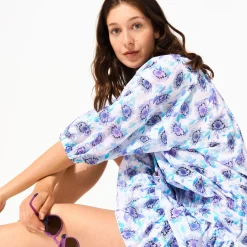 Fashion Vilebrequin Women Short Ruffles Cotton Dress Flash Flowers Purple Blue/Blue