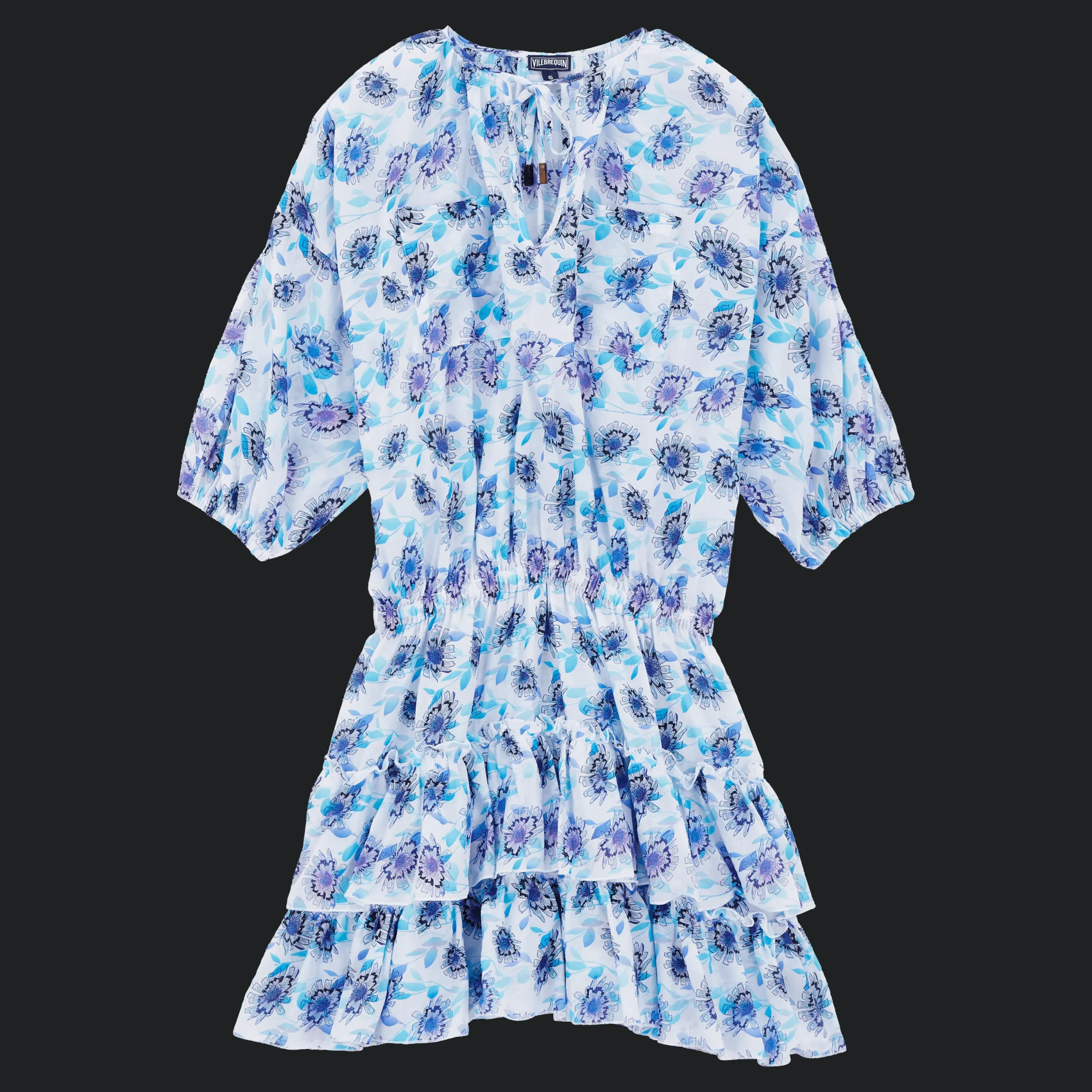 Fashion Vilebrequin Women Short Ruffles Cotton Dress Flash Flowers Purple Blue/Blue