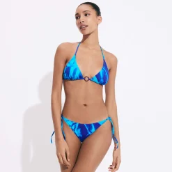 New Vilebrequin Women Triangle Bikini Top Les Draps Froisses Neptune Blue/Blue