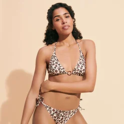 Fashion Vilebrequin Women Triangle Bikini Top Turtles Leopard Straw/Yellow